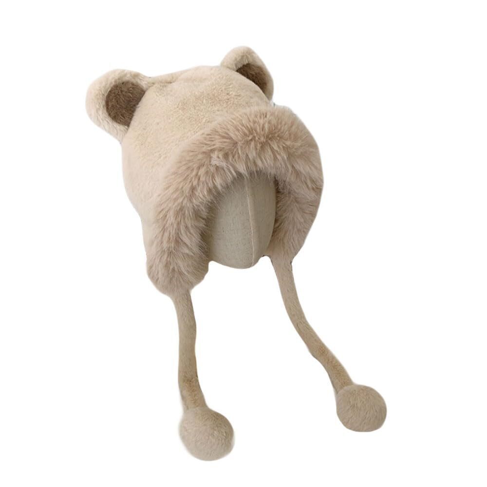 7813 Fluffy Animal Ear Beanie Fleece Lining Earflap Cap Winter Knit Hat